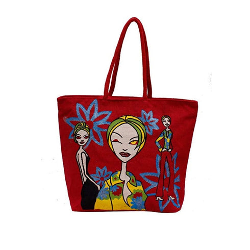 Red Jute Bag Lady Face Designer Trendy Jute Bag, Fancy Jute Bag